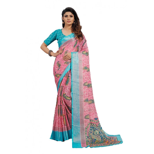 Clasymist Women's Viscose Rayon Printed Saree With Unstitched Blouse (Pink)