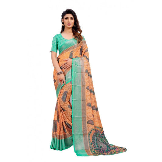 Clasymist Women's Viscose Rayon Printed Saree With Unstitched Blouse (Orange)