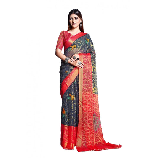 Clasymist Women's Viscose Rayon Printed Saree With Unstitched Blouse (Grey)