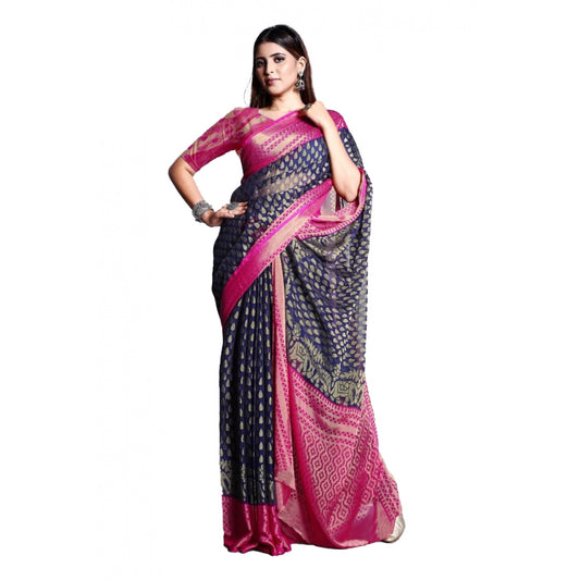 Clasymist Women's Viscose Rayon Printed Saree With Unstitched Blouse (Navy Blue)