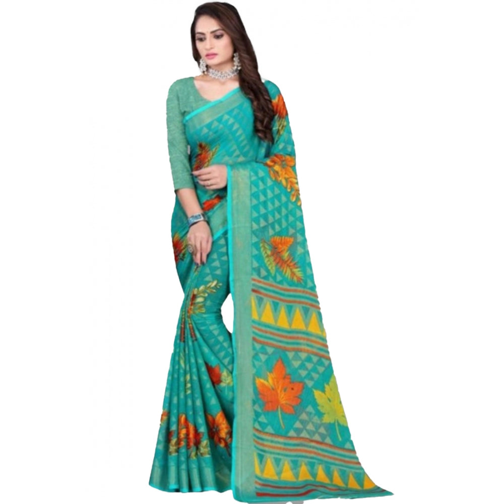 Clasymist Women's Viscose Rayon Printed Saree With Unstitched Blouse (Teal)