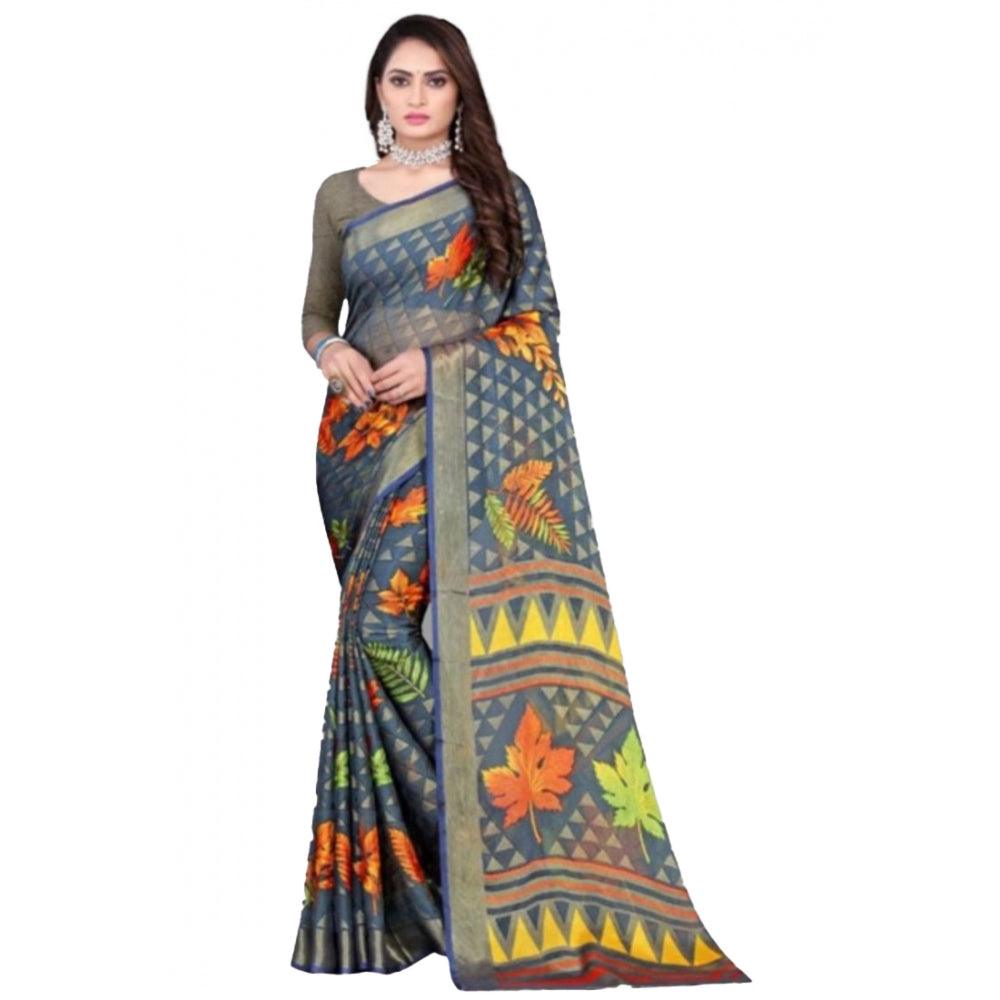 Clasymist Women's Viscose Rayon Printed Saree With Unstitched Blouse (Grey)