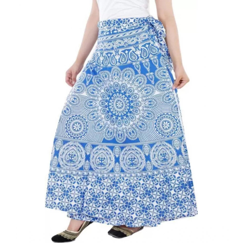 Clasymist Women's Cotton Printed Wrap Around Maxi Skirt (Blue, Free Size)