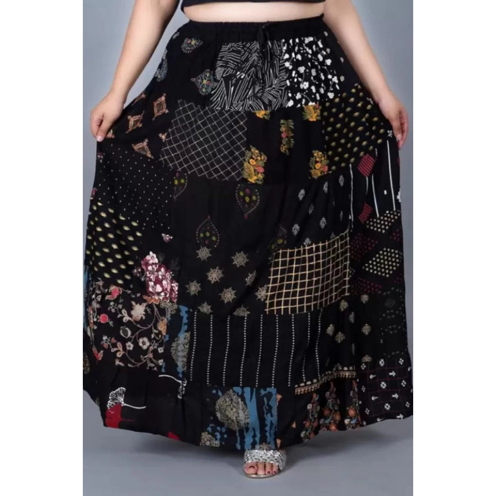 Clasymist Women's Rayon Printed Elastic Skirt (Black, Free Size)