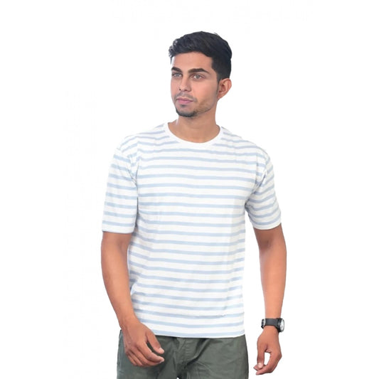 Clasymist Men's Casual Half sleeve Stripped Cotton Crew Neck T-shirt (White)