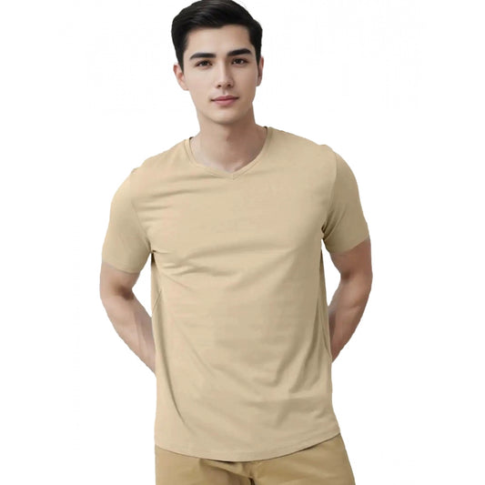 Clasymist Men's Casual Half sleeve Solid Cotton V Neck T-shirt (Beige)