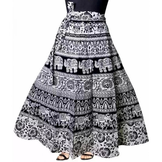 Clasymist Women's Cotton Jaipur Printed Wrap Around Maxi Skirt (Black, Free Size)