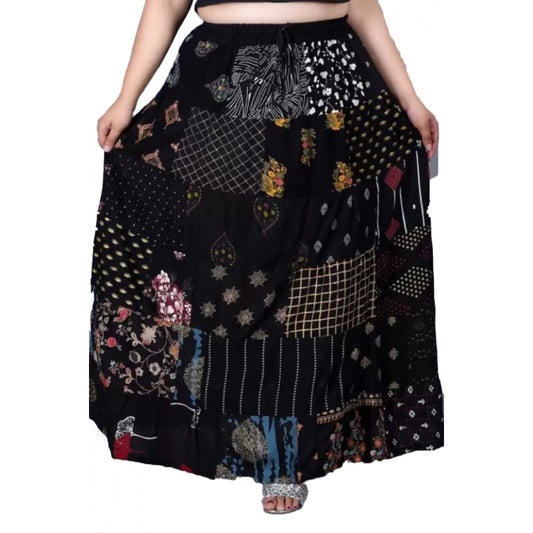 Clasymist Women's Rayon Printed Elastic Skirt (Black, Free Size)