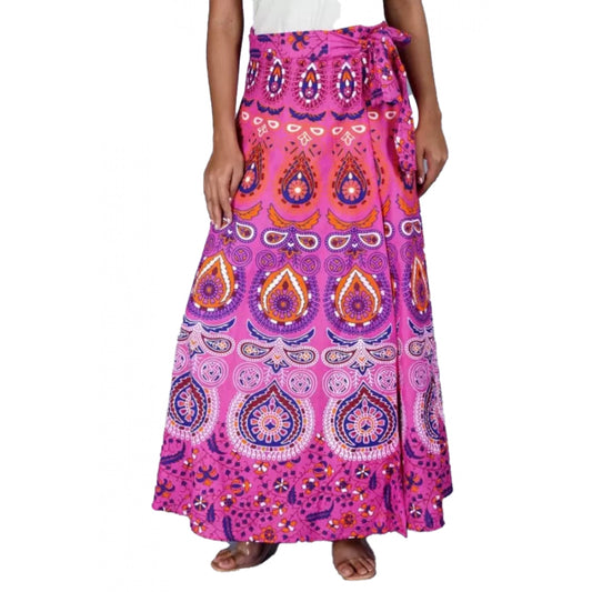 Clasymist Women's Cotton Jaipur Printed Wrap Around Maxi Skirt (Pink, Free Size)