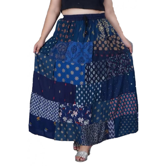 Clasymist Women's Rayon Printed Elastic Skirt (Blue, Free Size)