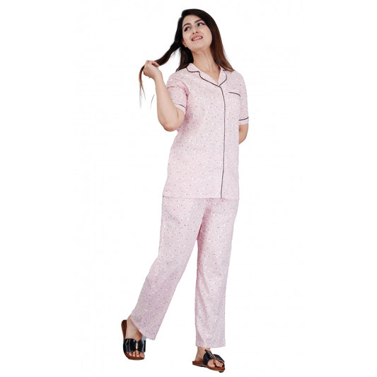 Clasymist Women's Casual Half Sleeve Printed Viscose Rayon Shirt With Pyjama Pant Night Suit Set (Pink)