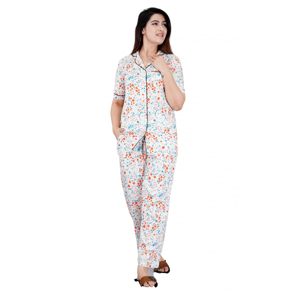 Clasymist Women's Casual Half Sleeve Printed Viscose Rayon Shirt With Pyjama Pant Night Suit Set (White)