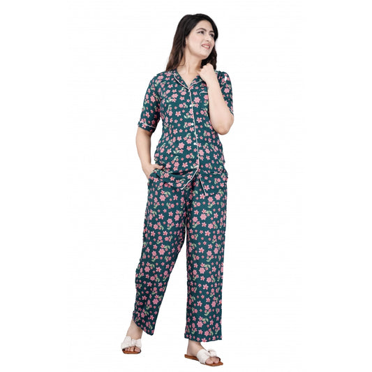 Clasymist Women's Casual Half Sleeve Printed Viscose Rayon Shirt With Pyjama Pant Night Suit Set (Teal)