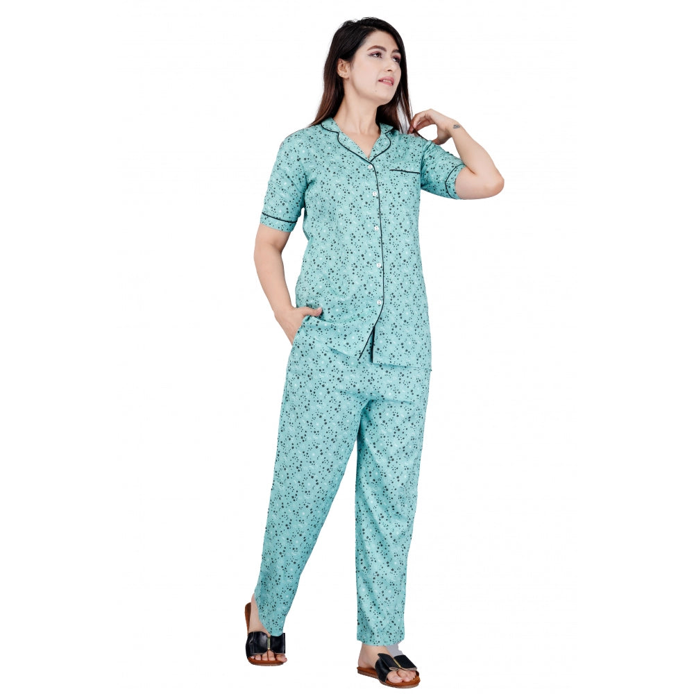 Clasymist Women's Casual Half Sleeve Printed Viscose Rayon Shirt With Pyjama Pant Night Suit Set (Green)