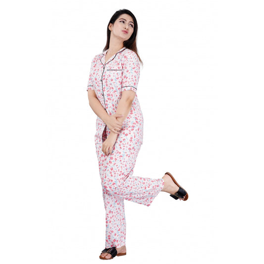 Clasymist Women's Casual Half Sleeve Printed Viscose Rayon Shirt With Pyjama Pant Night Suit Set (Baby Pink)