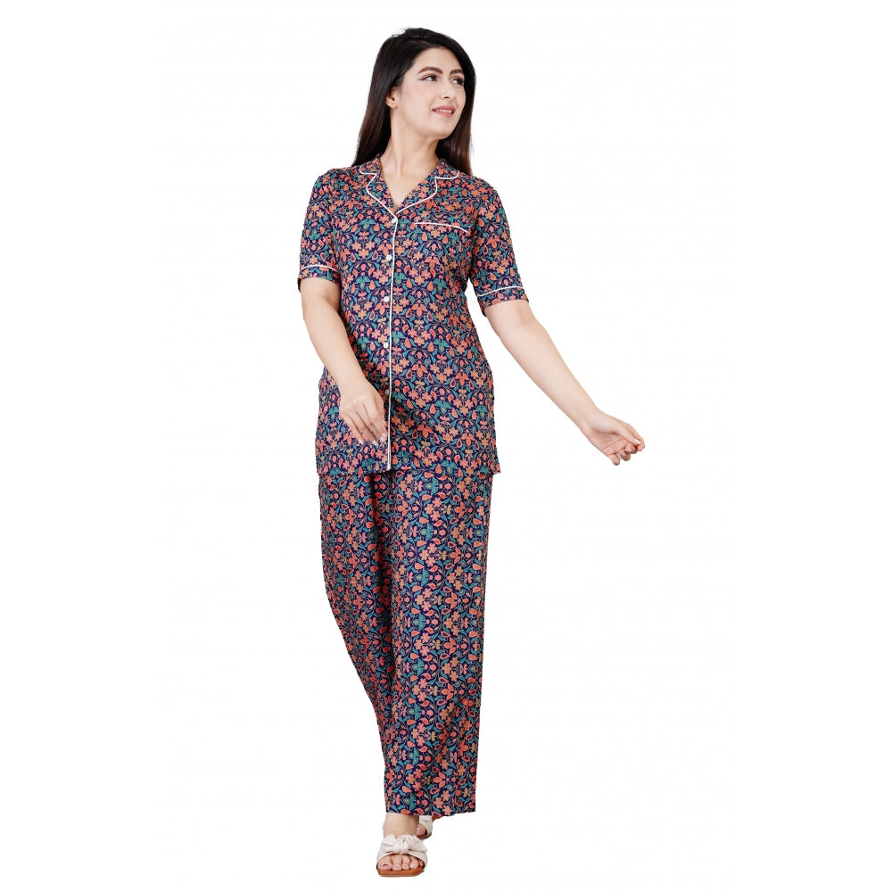 Clasymist Women's Casual Half Sleeve Printed Viscose Rayon Shirt With Pyjama Pant Night Suit Set (Blue)