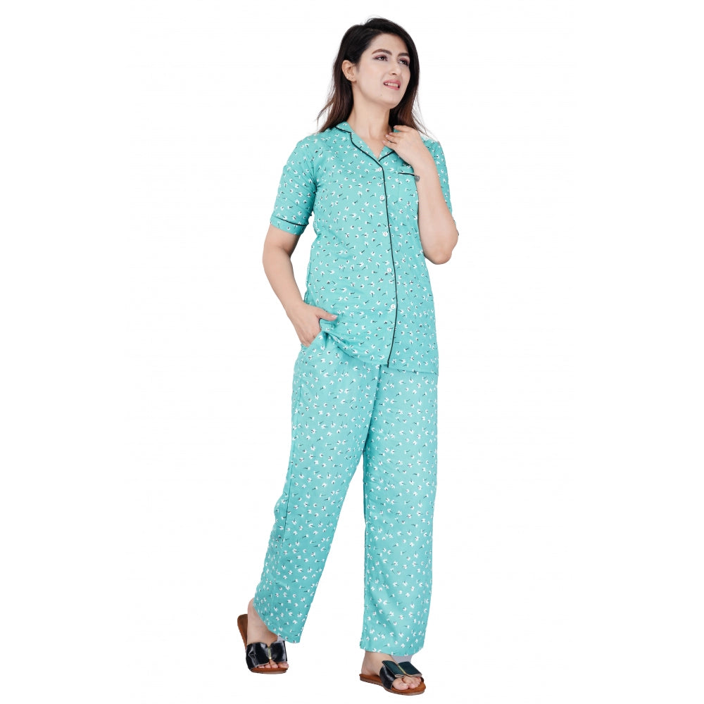 Clasymist Women's Casual Half Sleeve Printed Viscose Rayon Shirt With Pyjama Pant Night Suit Set (Green)