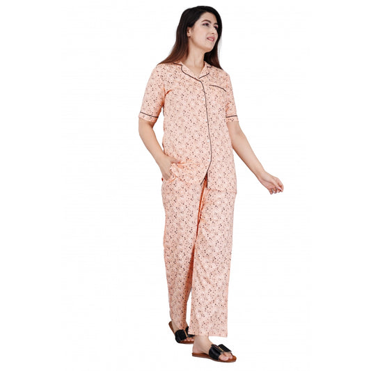 Clasymist Women's Casual Half Sleeve Printed Viscose Rayon Shirt With Pyjama Pant Night Suit Set (Peach)