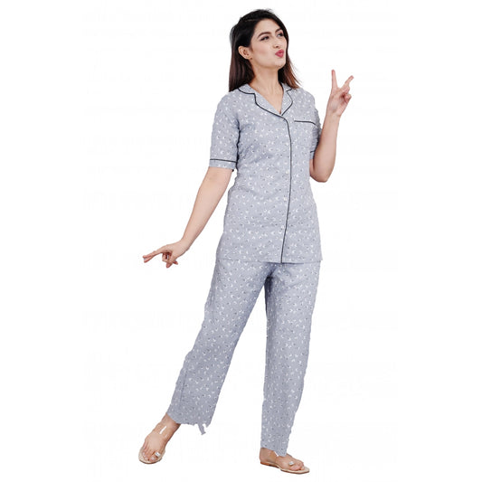 Clasymist Women's Casual Half Sleeve Printed Viscose Rayon Shirt With Pyjama Pant Night Suit Set (Grey)