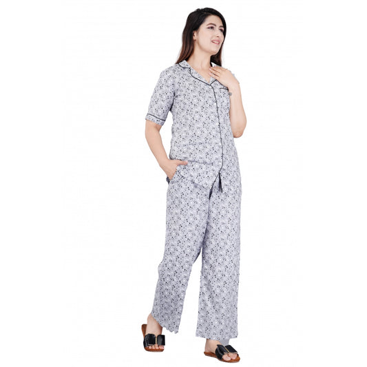 Clasymist Women's Casual Half Sleeve Printed Viscose Rayon Shirt With Pyjama Pant Night Suit Set (Grey)