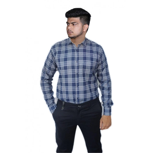 Clasymist Men's Cotton Lycra Full Sleeve Checked Casual Shirt (Navy Blue)