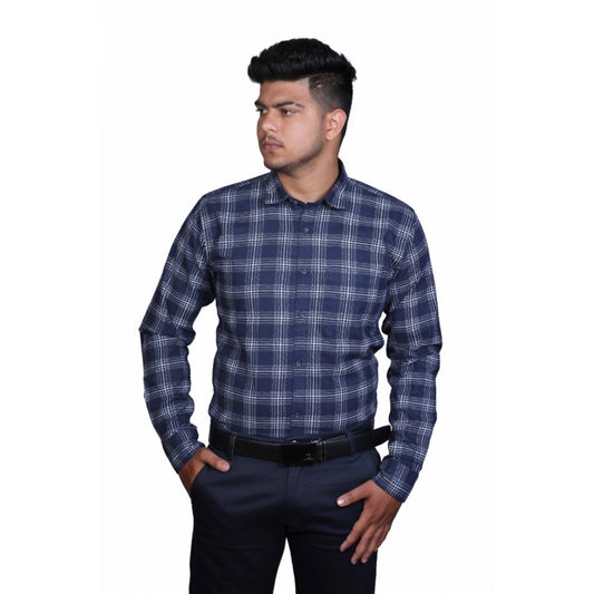 Clasymist Men's Cotton Lycra Full Sleeve Checked Casual Shirt (Navy Blue)