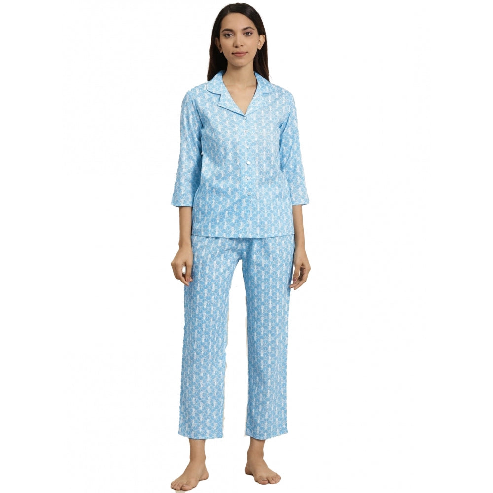 Clasymist Women's Casual 3/4 th Sleeve Floral Printed Rayon Shirt With Pyjama Pant Night Suit Set (Blue)