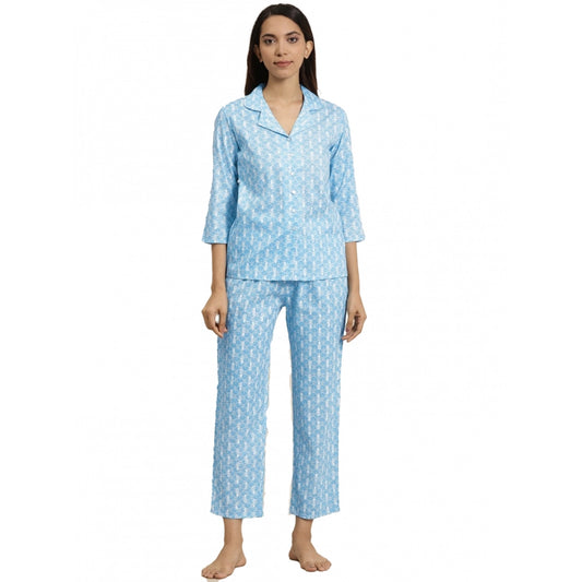 Clasymist Women's Casual 3/4 th Sleeve Floral Printed Rayon Shirt With Pyjama Pant Night Suit Set (Blue)