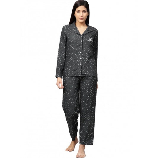 Clasymist Women's Casual Full Sleeves Polka Dot Printed Rayon Shirt With Pyjama Pant Night Suit Set (Grey)