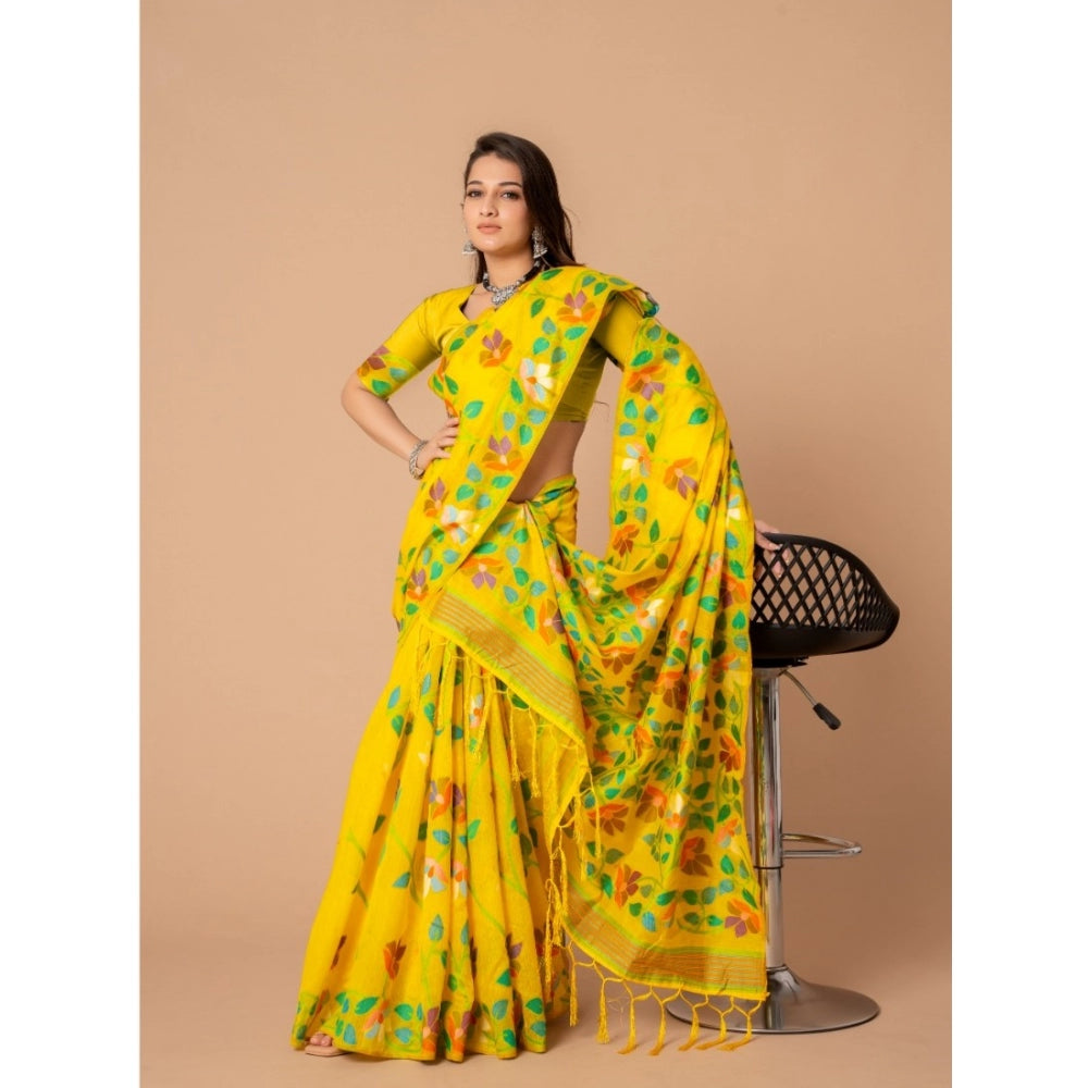 Clasymist Women's Cotton Printed Saree With Unstitched Blouse (Yellow, 5-6 Mtrs)