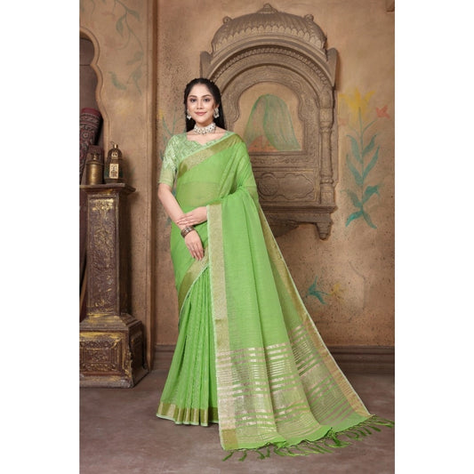 Clasymist Women's Soft Linen Striped Saree With Unstitched Blouse (Green, 5-6 Mtrs)