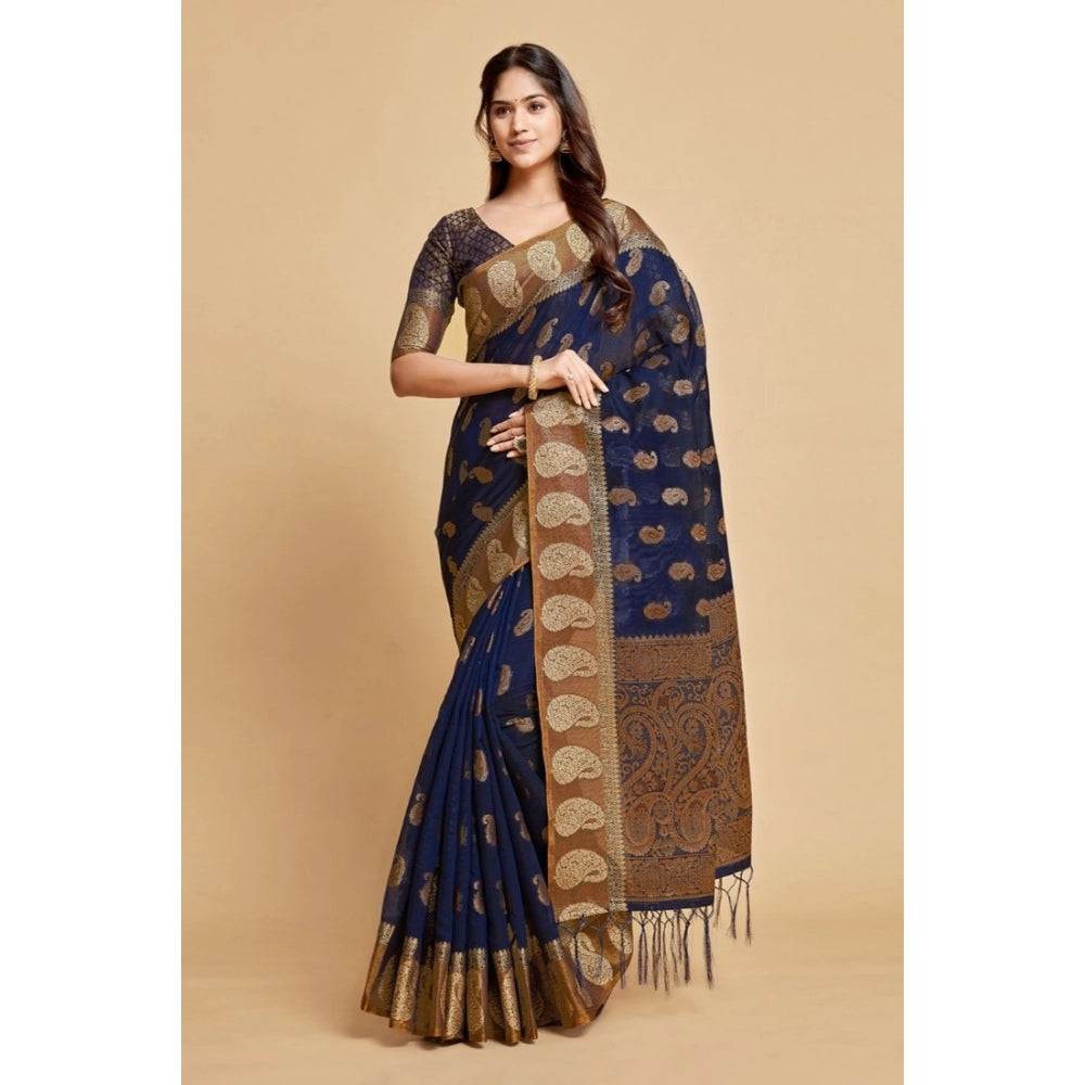 Clasymist Women's Chanderi Cotton Printed Saree With Unstitched Blouse (Navy Blue, 5-6 Mtrs)