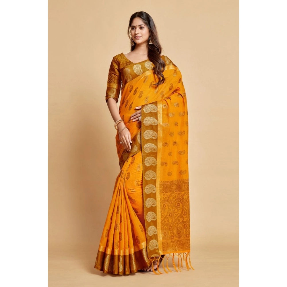 Clasymist Women's Chanderi Cotton Printed Saree With Unstitched Blouse (Mustard, 5-6 Mtrs)