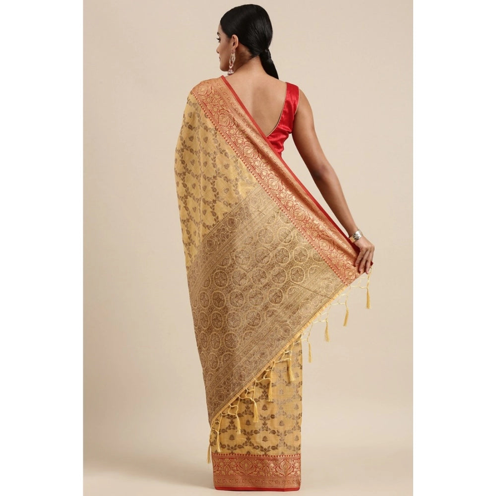 Clasymist Women's Chanderi Cotton Printed Saree With Unstitched Blouse (Yellow, 5-6 Mtrs)