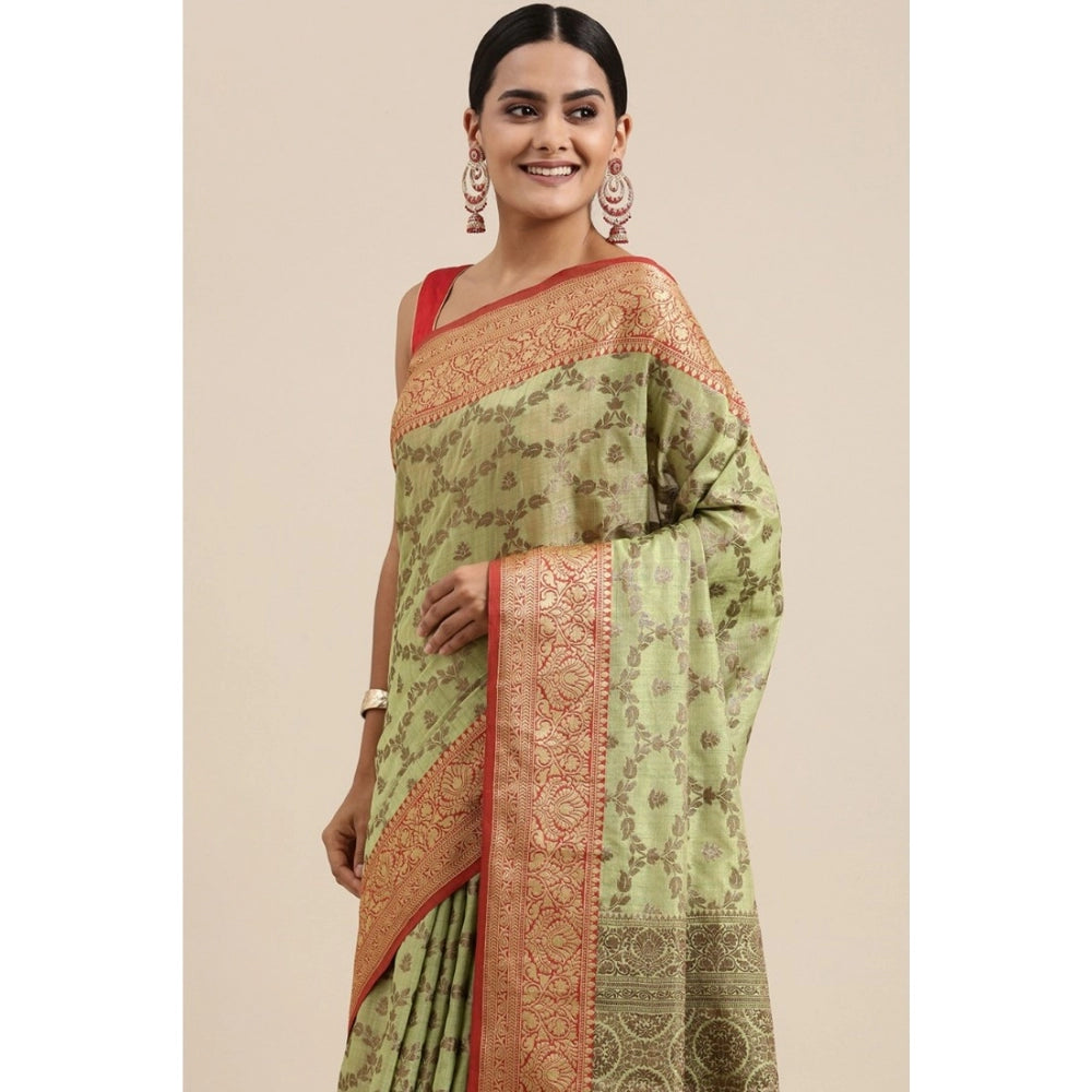 Clasymist Women's Chanderi Cotton Printed Saree With Unstitched Blouse (Pista, 5-6 Mtrs)