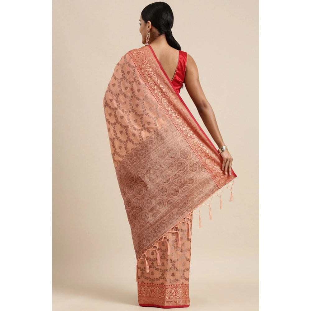 Clasymist Women's Chanderi Cotton Printed Saree With Unstitched Blouse (Peach, 5-6 Mtrs)