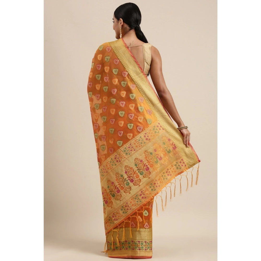 Clasymist Women's Organza Printed Saree With Unstitched Blouse (Mustard, 5-6 Mtrs)