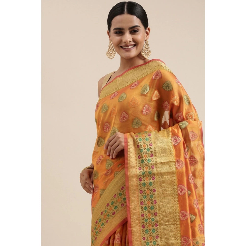 Clasymist Women's Organza Printed Saree With Unstitched Blouse (Mustard, 5-6 Mtrs)