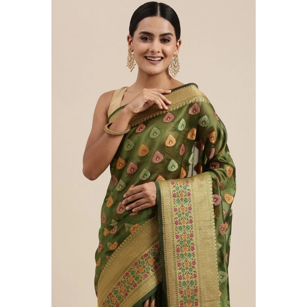 Clasymist Women's Organza Printed Saree With Unstitched Blouse (Mahendi, 5-6 Mtrs)