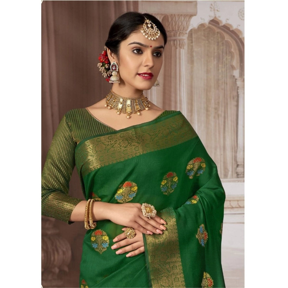 Clasymist Women's Linen Printed Saree With Unstitched Blouse (Dark Green, 5-6 Mtrs)