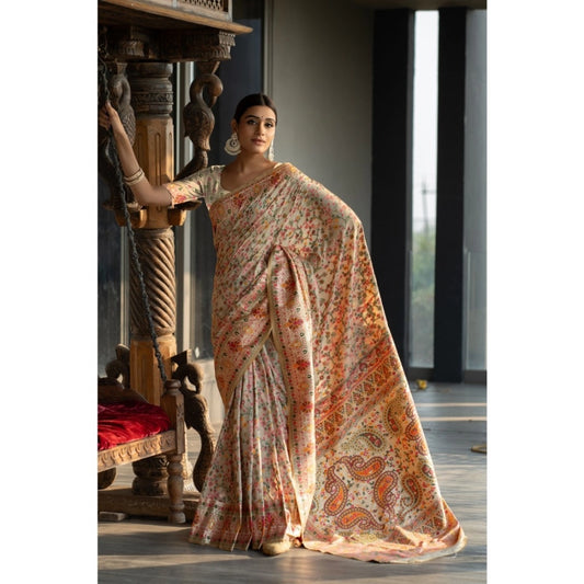 Clasymist Women's Linen Printed Saree With Unstitched Blouse (Beige, 5-6 Mtrs)