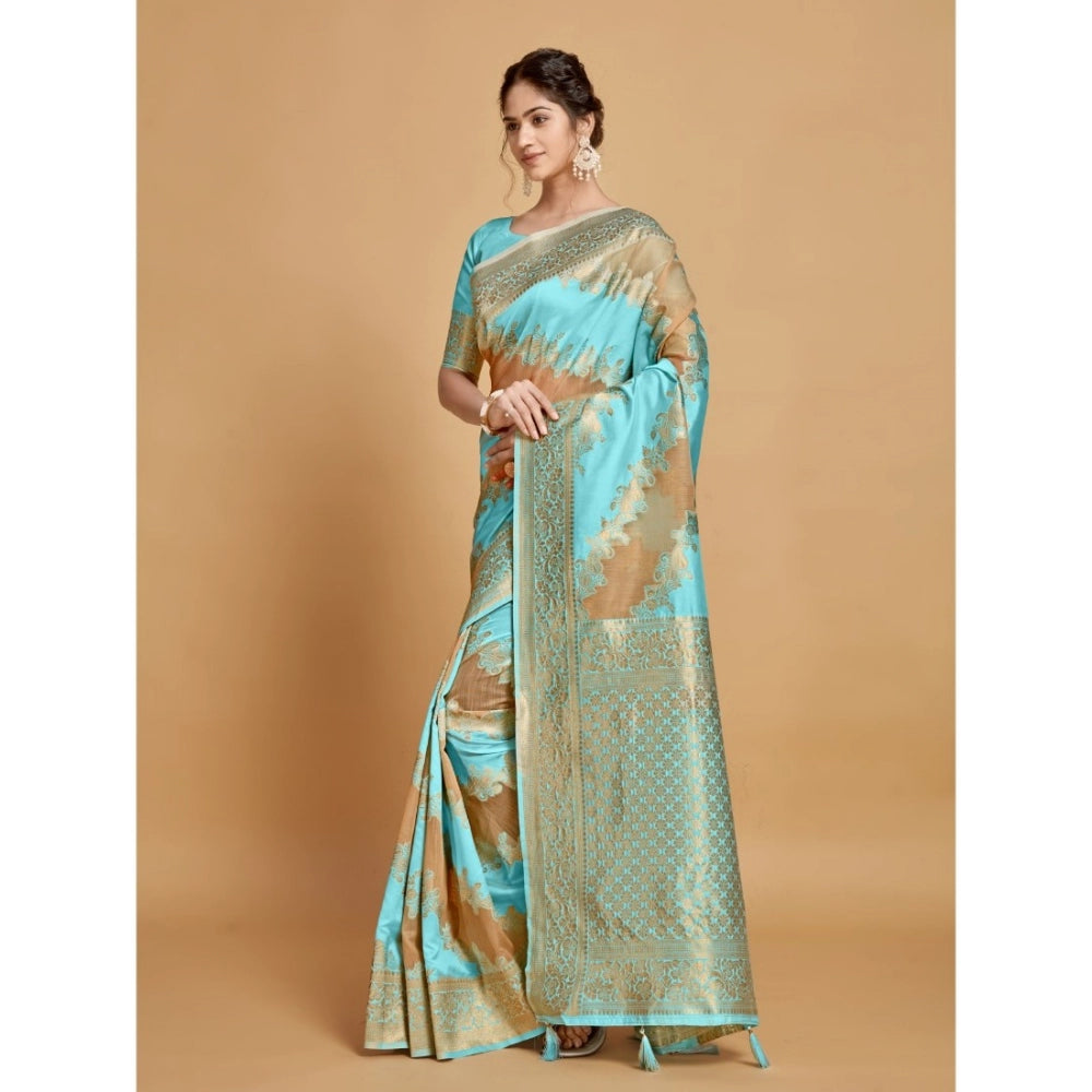 Clasymist Women's Linen Printed Saree With Unstitched Blouse (Sky Blue, 5-6 Mtrs)