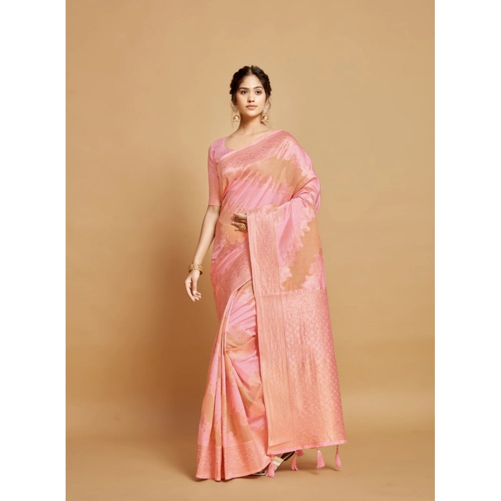 Clasymist Women's Linen Printed Saree With Unstitched Blouse (Pink, 5-6 Mtrs)