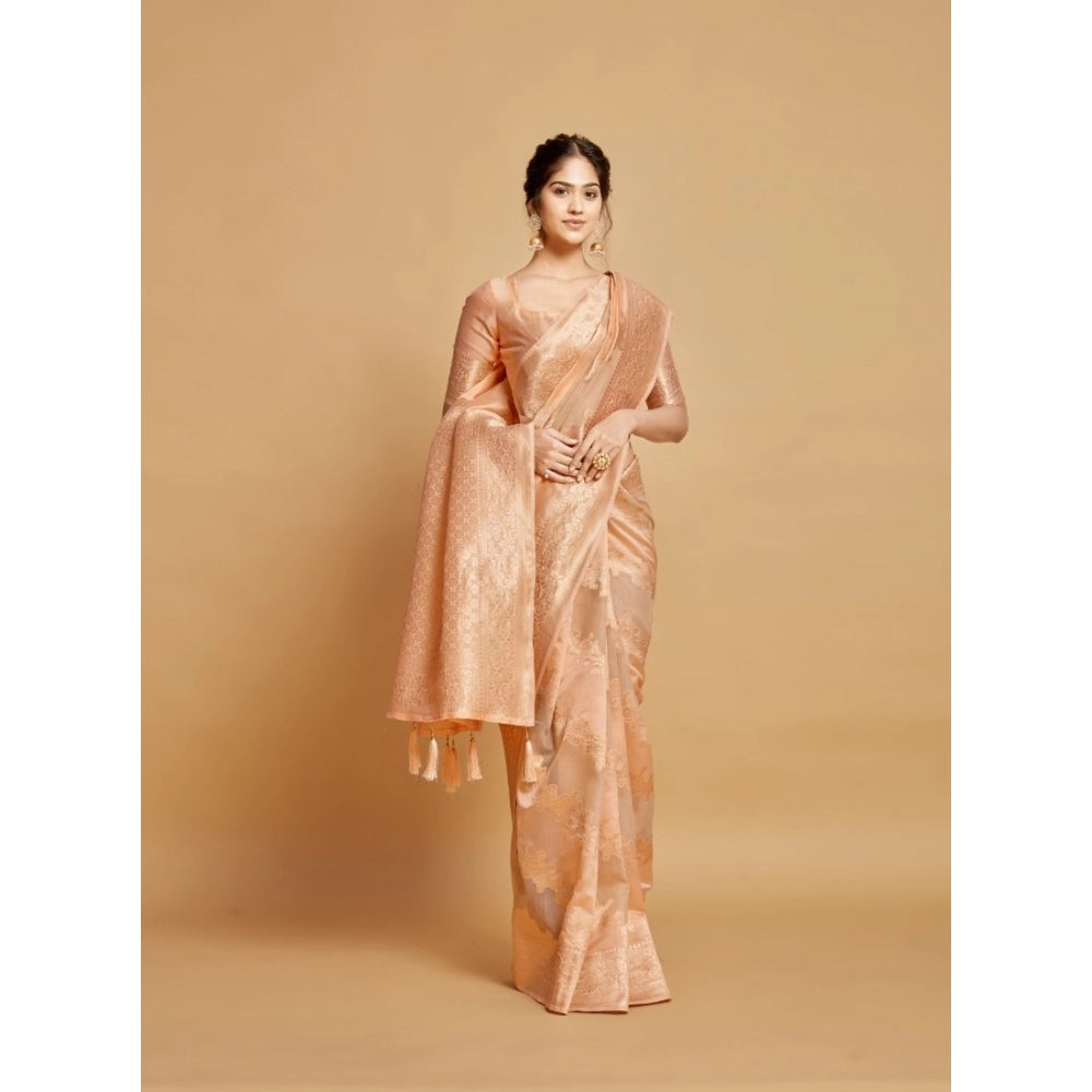 Clasymist Women's Linen Printed Saree With Unstitched Blouse (Peach, 5-6 Mtrs)