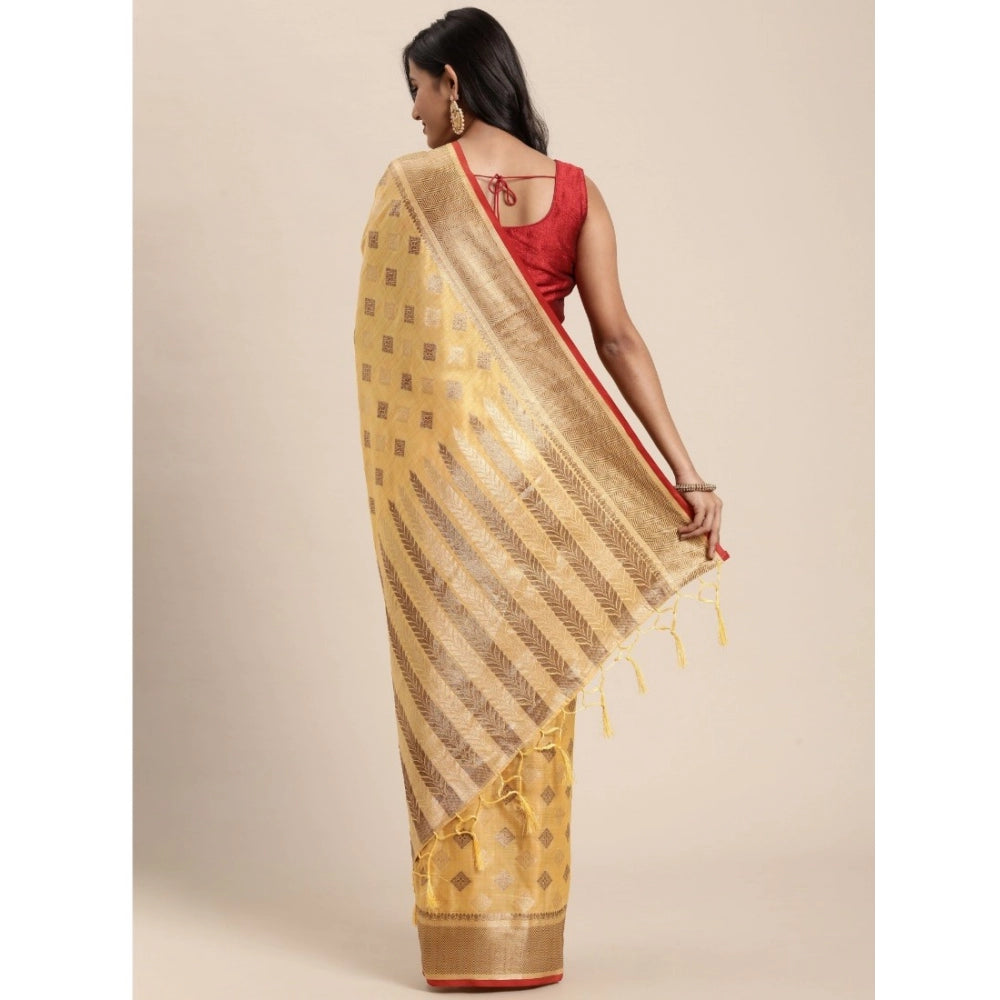 Clasymist Women's Chanderi Cotton Printed Saree With Unstitched Blouse (Yellow, 5-6 Mtrs)