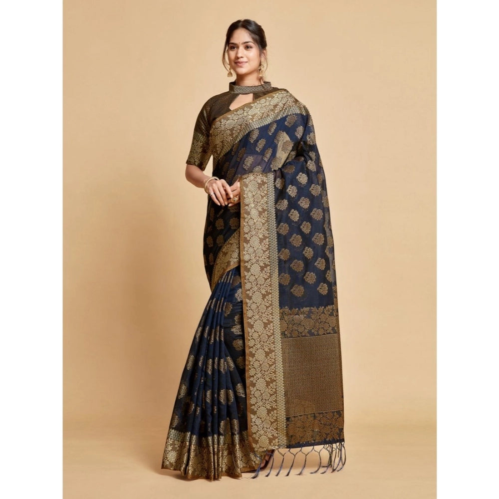 Clasymist Women's Chanderi Cotton Printed Saree With Unstitched Blouse (Navy, 5-6 Mtrs)