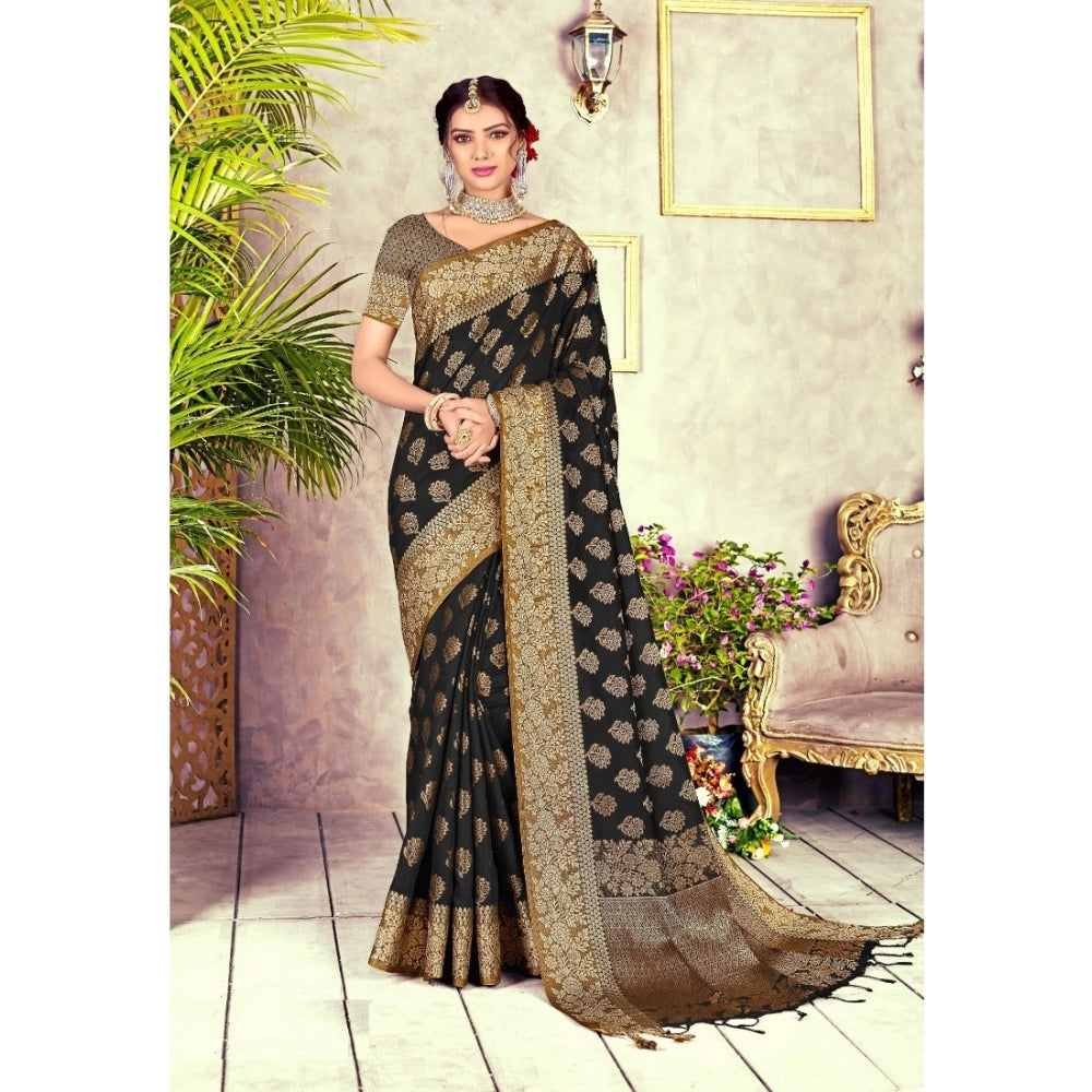 Clasymist Women's Chanderi Cotton Printed Saree With Unstitched Blouse (Black, 5-6 Mtrs)