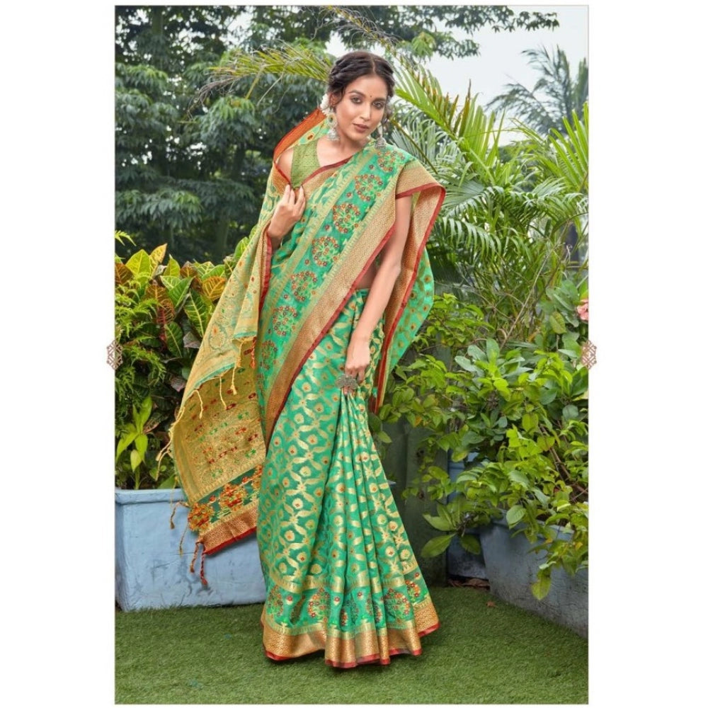 Clasymist Women's Organza Printed Saree With Unstitched Blouse (Green, 5-6 Mtrs)