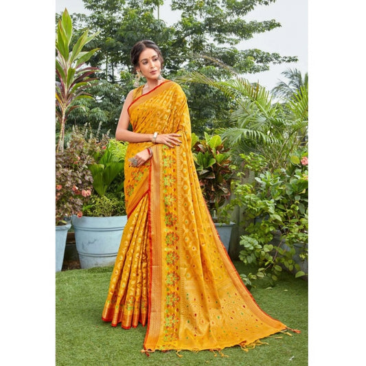 Clasymist Women's Organza Printed Saree With Unstitched Blouse (Mustard, 5-6 Mtrs)