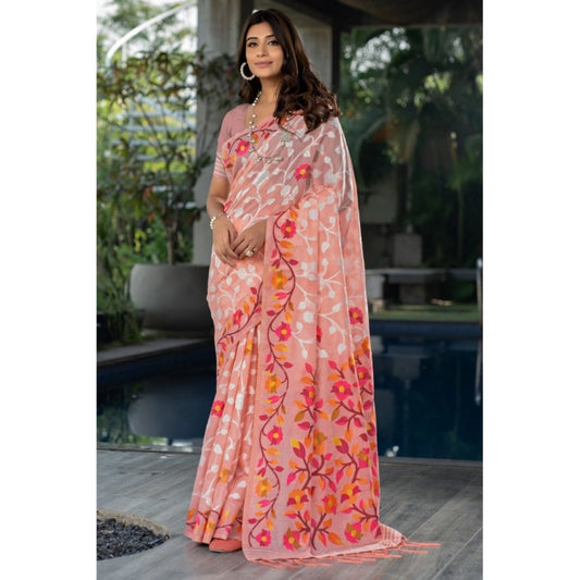 Clasymist Women's Cotton Printed Saree With Unstitched Blouse (Peach, 5-6 Mtrs)